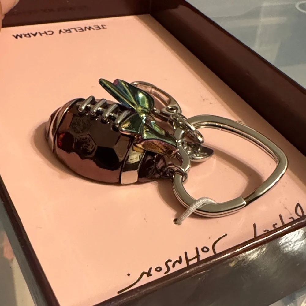 NWT BETSEY JOHNSON Football Bow Heart Key Fob Purse Charm Keychain w/ Gift Box